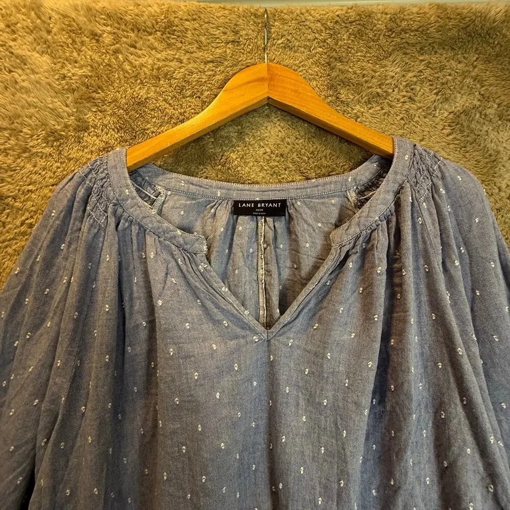 Lane Bryant Chambray Cotton Top Blouse Shirt Blue Popover Swing Size 22 24